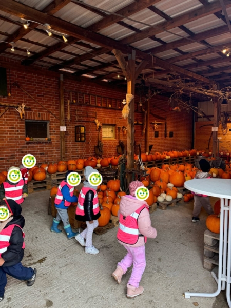 Kinder erkunden Kürbisse in einer indoor Kürbisausstellung.