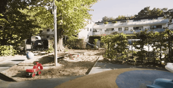 kita-kinderzimmer-villa-flottbek-hamburg-gross-flottbek-außengelaende-3 Spielplatz im Freien mit Sandkasten und Spielgeräten in Hamburg.