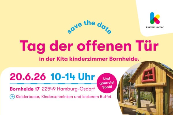 kita-kinderzimmer-hamburg-osdorf-tagderoffenentuer-bornheide Einladungsflyer für einen Tag der offenen Tür im kinderzimmer Bornheide in Hamburg Osdorf am 20.6.2026.