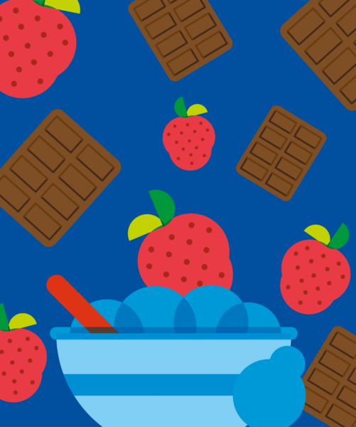 kita-kinderzimmer-hamburg-schoko-erdbeer-kuchen-backen Illustration von Schokolade und Erdbeeren die in eine große Schüssel fliegen